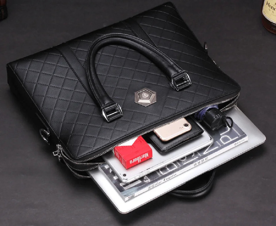 Korean fashion mens high-quality leather business briefcase diamond checkered shoulder bag large capacity handbag notebook bag 250317