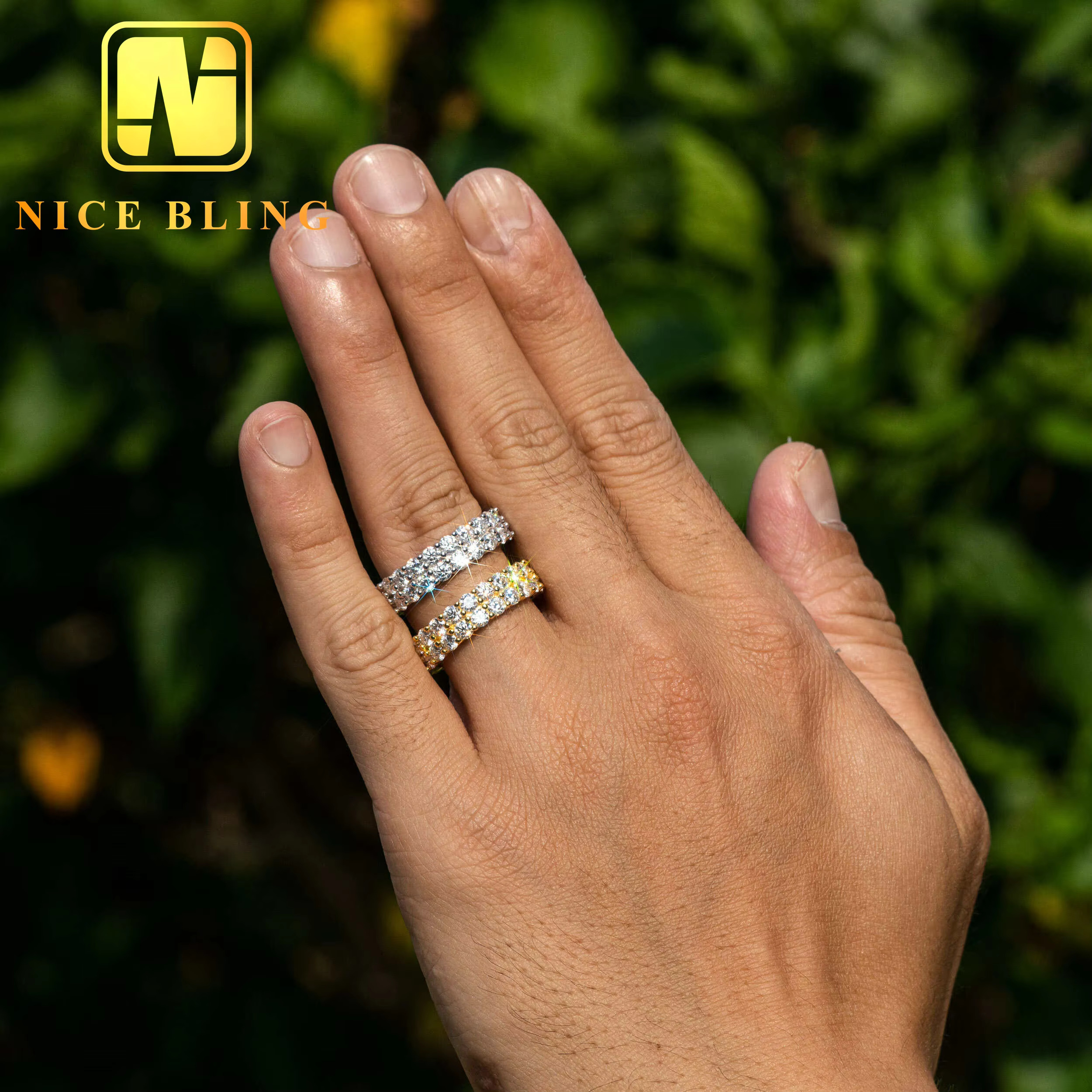 Iced Out Hip Hop Ring Jewelry Double Row VVS Moissanite Diamond Band Ring for Men