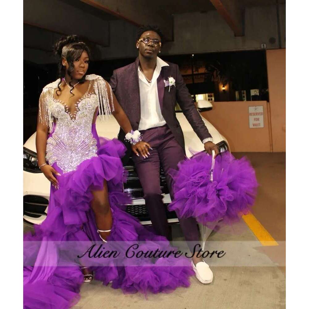 Purple Dia Long Prom Dress For Black Girls 2025 Split Ruffle Sparkly Bead Crystals Birthday Party Gown Customized Dr0318