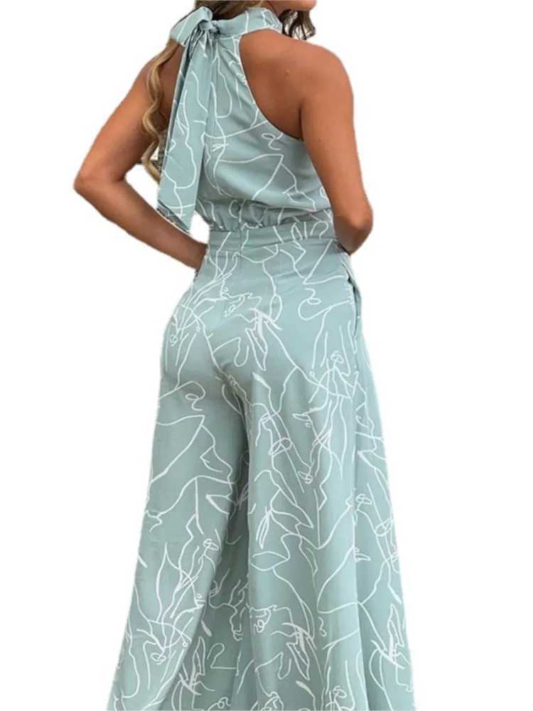 Elegant printed camisole collar jumpsuit womens strapless fashion high waist wide leg jumpsuit casual T-shirt 2023 new style X250318