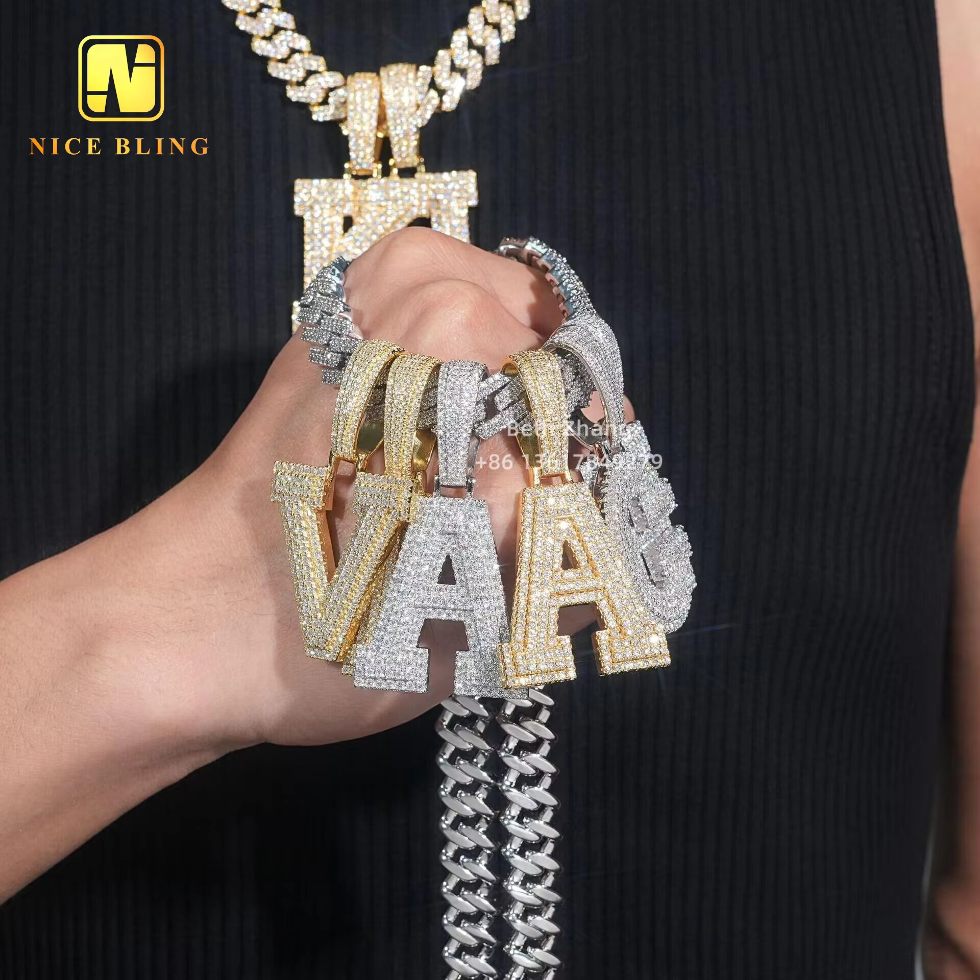 Iced Out Jewelry Custom Hiphop Letter Pendants A-Z Letters 0-9 Number Pendants Moissanite Initial Pendant 925 Silver Jewelry