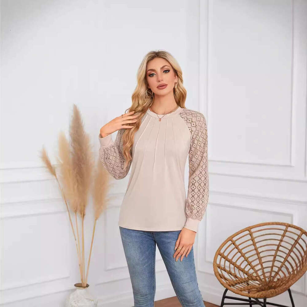 autumn winter popular European American women's lace patchwork round neck pleated long sleeved top T 2025 new style chic and elegant clothing
