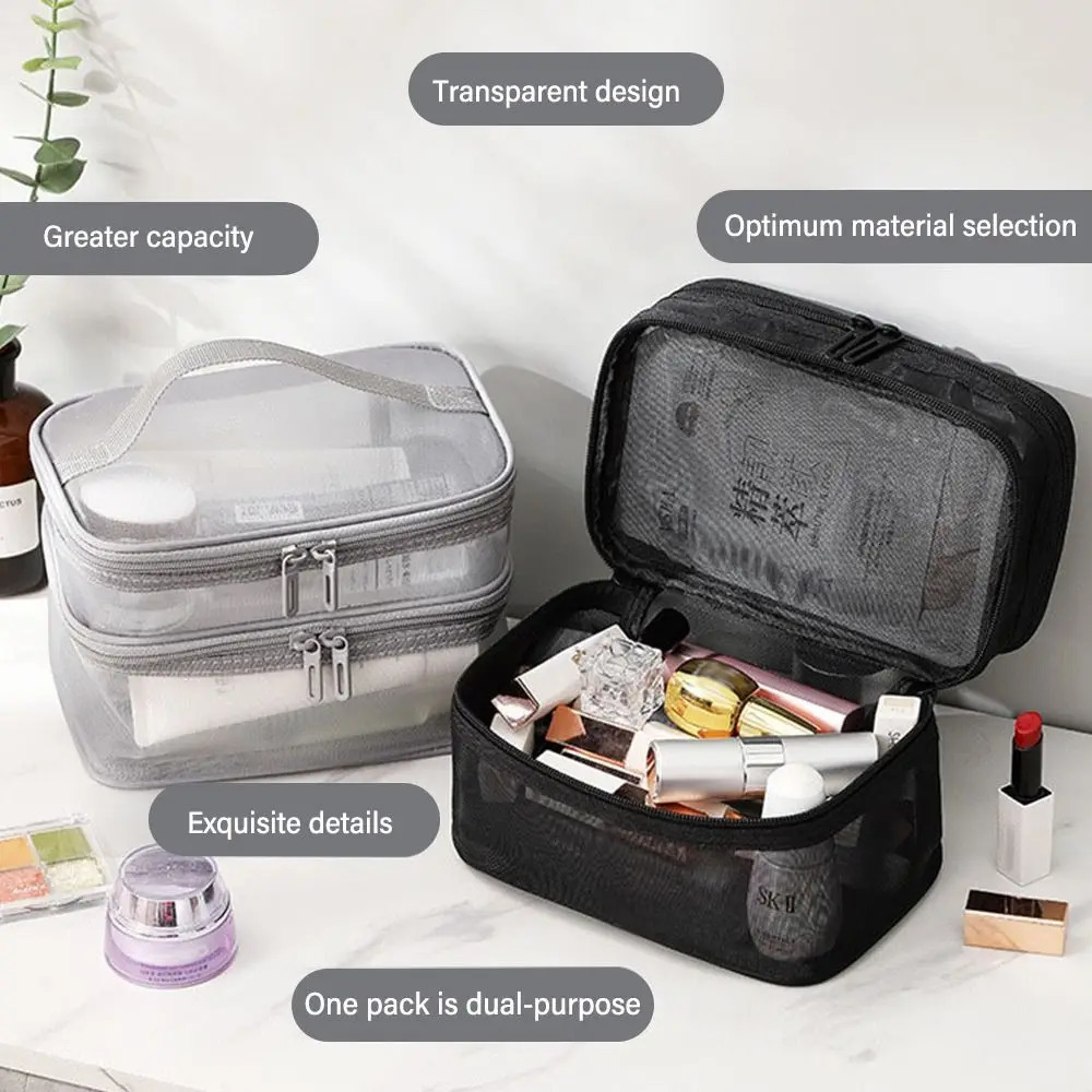 Fashion Transparent Mesh Travel Cosmetic Bag Storage 1/2/3 layer Toiletry Bag Large Capacity Make Up Organizer Bag Womens 250314