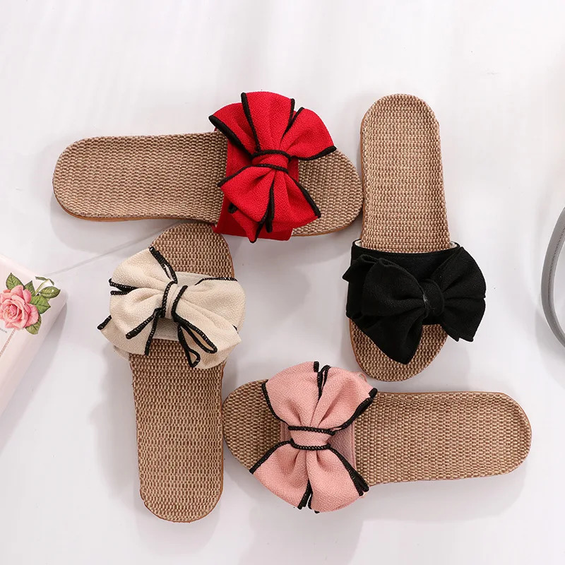 Mntrerm Casual Sneakers For Home Slippers Summer Bow-knot Soft Floor Woman Indoor Flats Shoes Cute Linen Slipper Terlik 250318