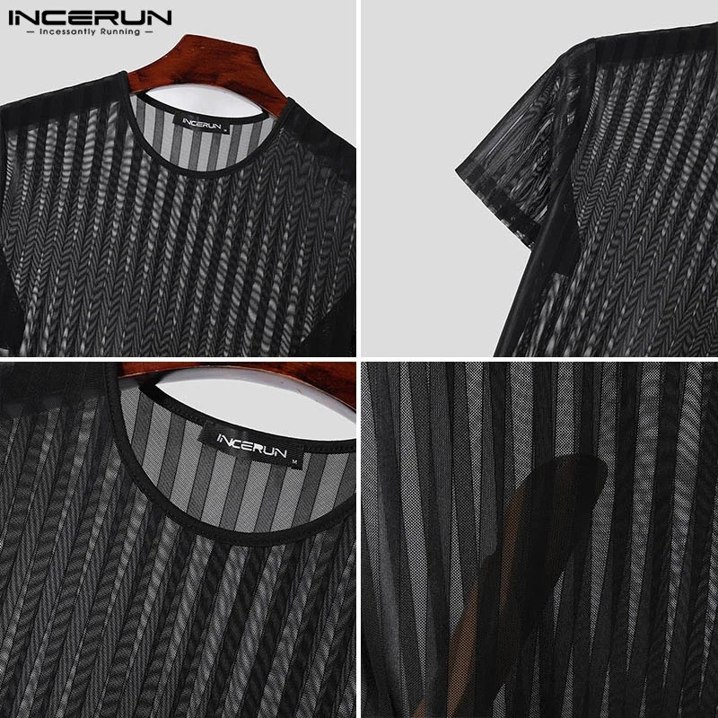 Sexy Stylish Style Tops INCERUN Mens Tight Striped See Through T-shirts Fashion Casual Thin O-neck Short Sleeved Camiseta S-5XL 250318