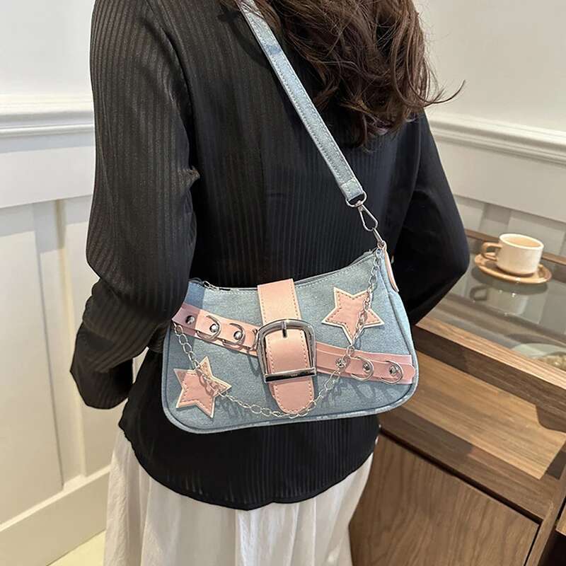 Handbags Y2k Women's Stars Pattern Cool Girls Underarm Bag Fashion Canvas Female Small Shoulder Bags Chain Tote Purses