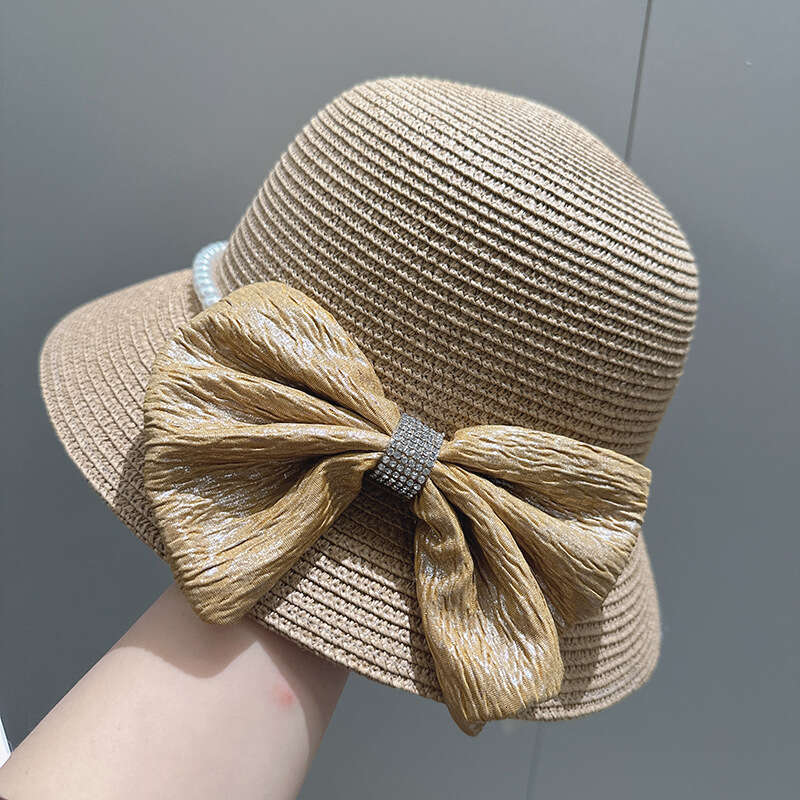Hepburn style oversized bow water dia fisherman fashionable sun protection and sunshade straw hat, small with eaves pot cap, women's hat
