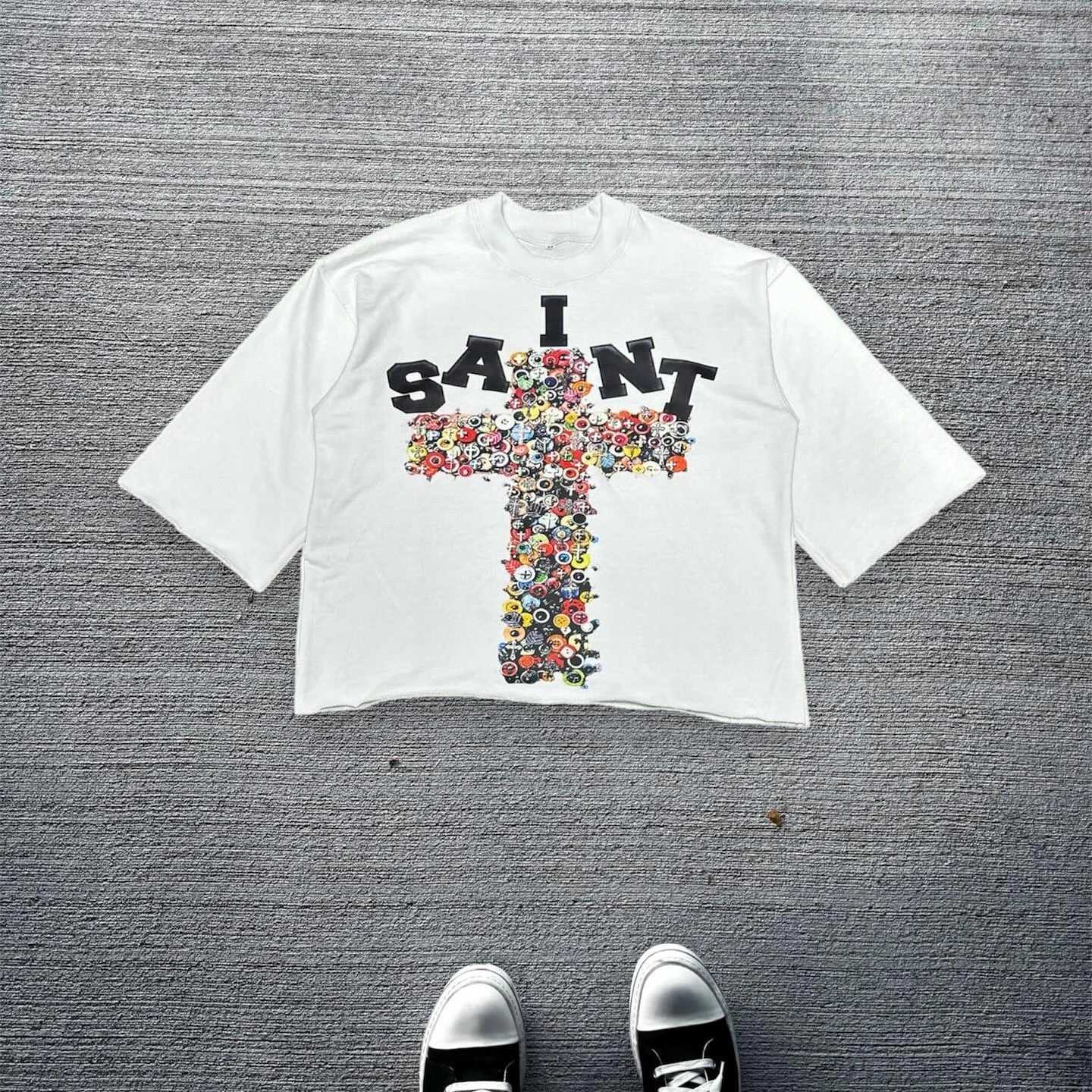New street mens clothing Harajuku womens retro cross graphic print oversized T-shirt Gothic casual cotton drip sleeve short sleeved topT250318