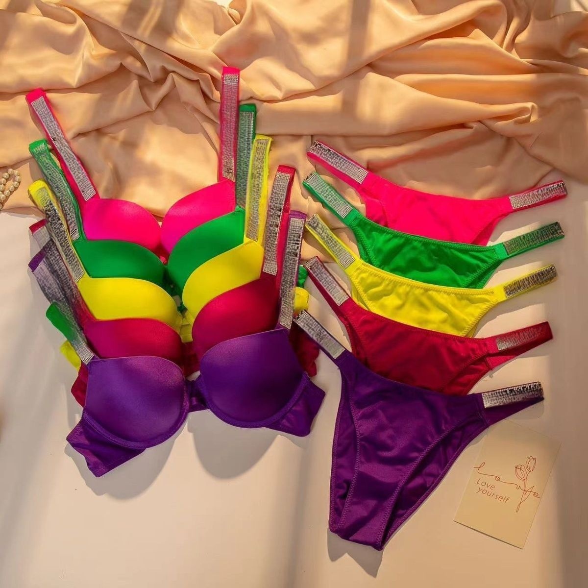 Women's Underwear VS Rhinestone Push Up Bra Set Lace Bra Panty Set Sexy Diamond Deep V Lingerie Set Good Quality Large size shoulder strap Swimwear Bikini