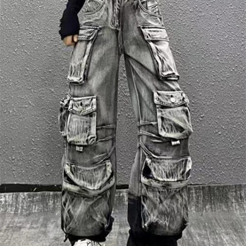 Vintage Fashion Womens Gradient Multi Pockets Jeans Winter High Waist Buttons Cargo Denim Pants Female 250224CJ