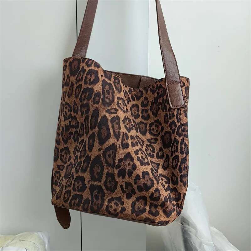 Meet You 2 Piece/Set Autumn Women's Vintage Faux Suede Leopard Print Bucket Soft Large Capacity Commuter Shoulder Bag Female