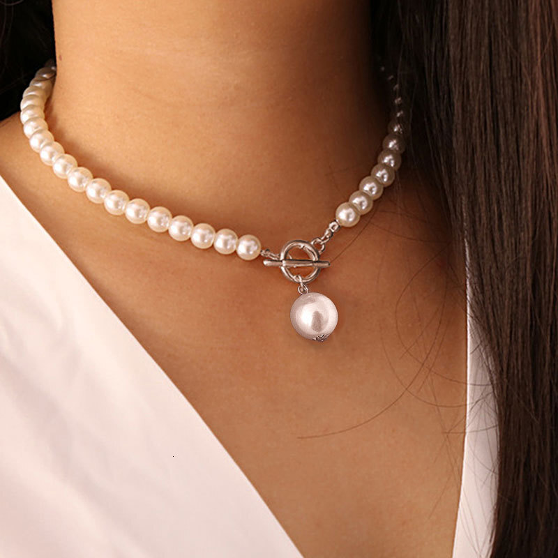 OT Buckle Imitation Pearl Necklace Women Europe And America Gothic Style All Collared Chain Collarbone Chain Foreign Trade Jewelry