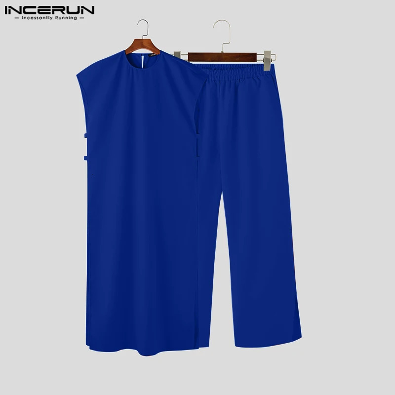 INCERUN Muslim Saudi Arabia Solid O-neck Sleeveless Kaftan Jubba Thobe Pants 2PCS Islamic Mens Clothing 250314