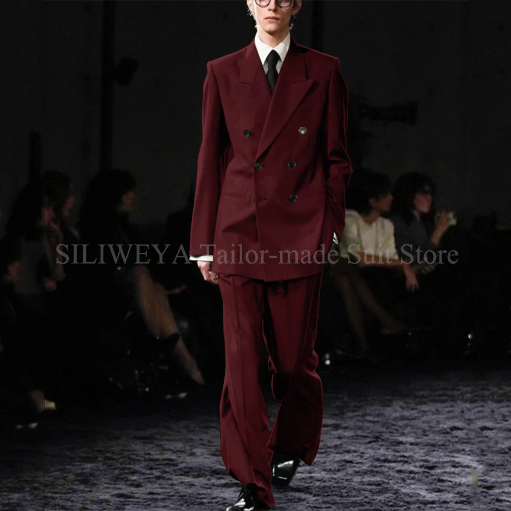 Smart Causal Grey Suit For Men Double Breasted Lapel Loose 2 Piece Jacket Pants Office Daily Prom Terno Masculinos Completo 250224