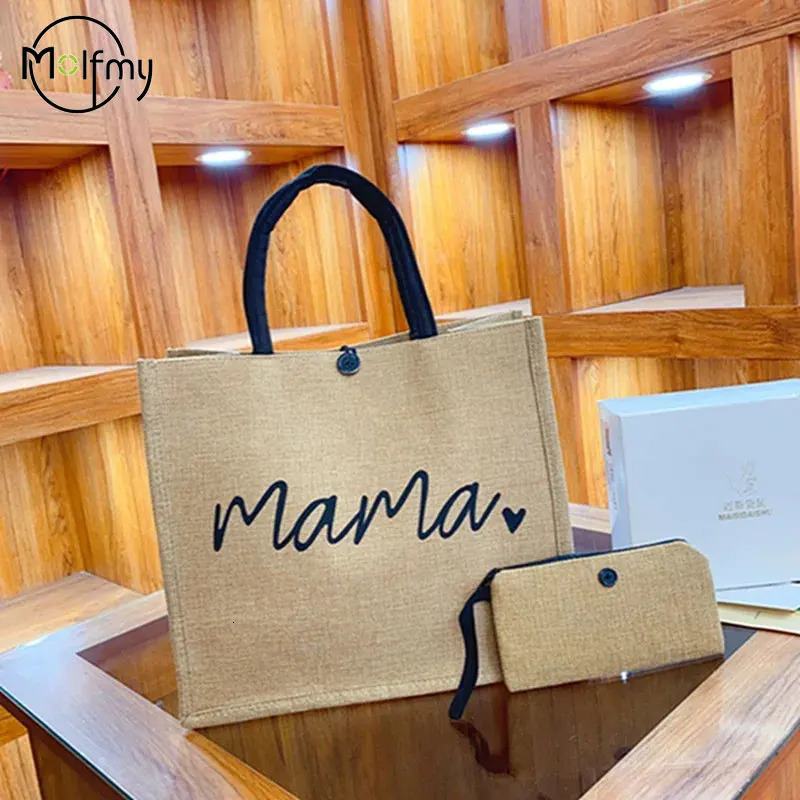 2 Pcs Linen Tote Bag Large Capacity Canvas Handbag Shopping Bags Makeup Bag Coin Purse for Wedding Birthday Gift Beach Vacation R250318