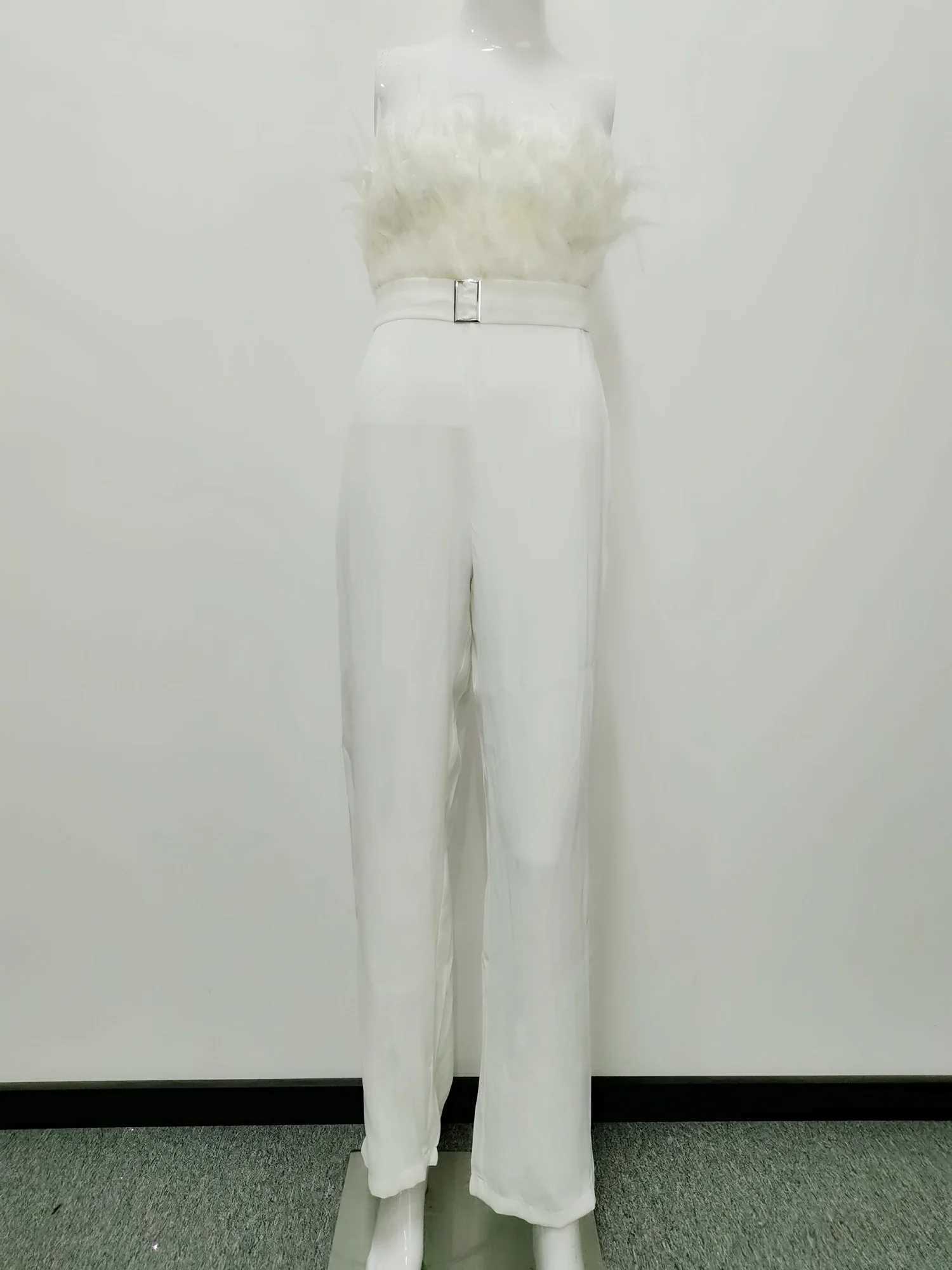 Elegant jumpsuit womens long one-piece strapless white sloping neck feather Y2k top sexy wedding party night jumpsuit summer X250318