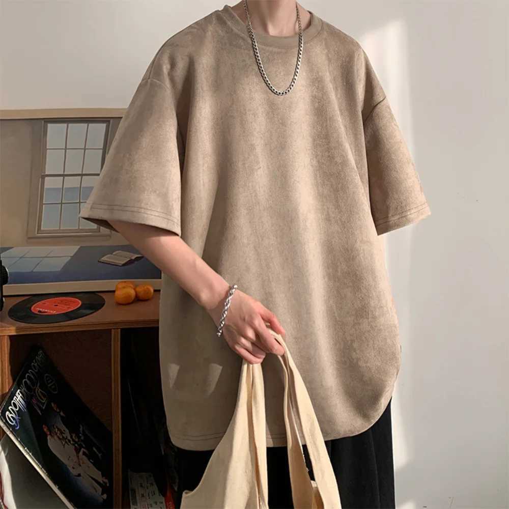 Mens suede short sleeved retro loose T-shirt womens casual oversized T-shirt O-neck retro Harajuku top T-shirt new 2023T250318