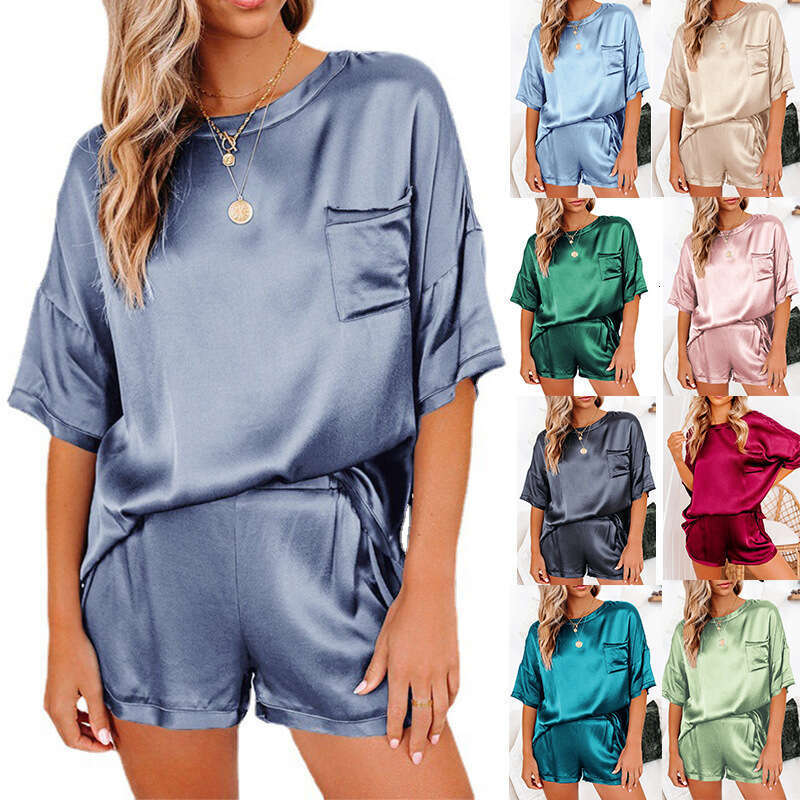 European and American Solid Color Chiffon Pamas Home Clothes Short Sleeve Shorts Loose Casual Two Piece Set 2025 Versatile Style New Trendy Clothing I