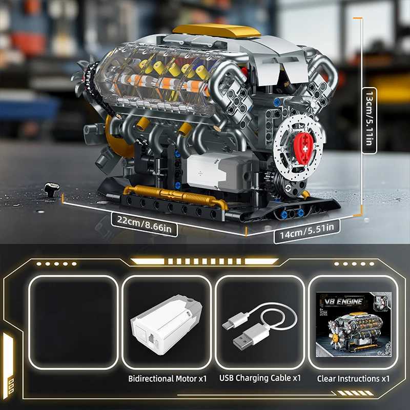MOC Technik Electrically Driven V8 Engine Model Car Building Blocks Set Creative Educational Toys Christmas Gifts For Boys Kids W250318