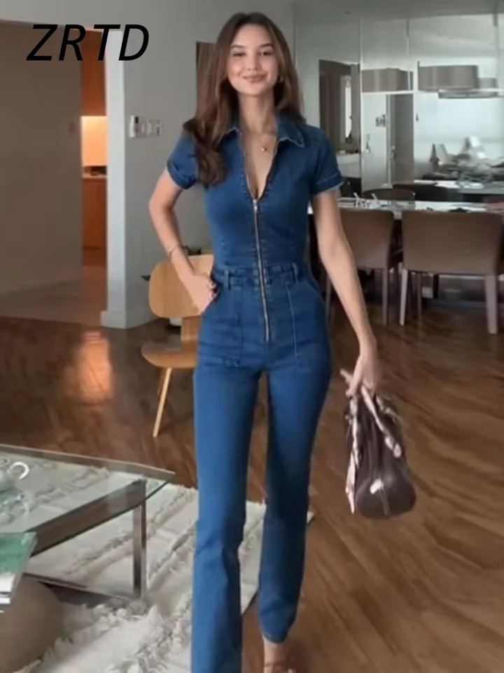 Street womens denim jumpsuit ultra-thin lapel short sleeved zipper high waisted womens jumpsuit spring womens fashion jumpsuit 250314