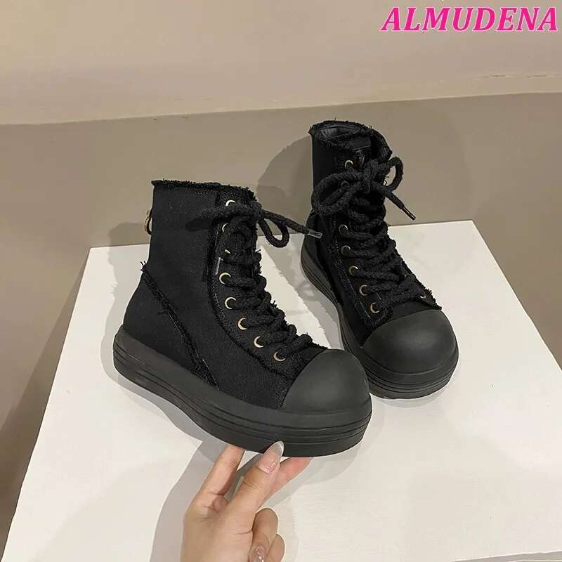 Big Round Toe White Canvas Shoes Lace Up Soft Black Ankle Boots Women's Sneakers Summer New In Designer Causal Dress Shoe