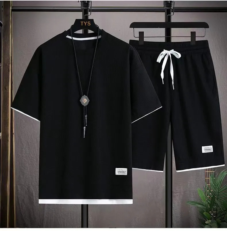 Waffle Mens Summer Short Sleeve And Shorts Two Piece Sets Sports Casual Tracksuit Men Comfortable Cool Shorts Oversized Set 250318