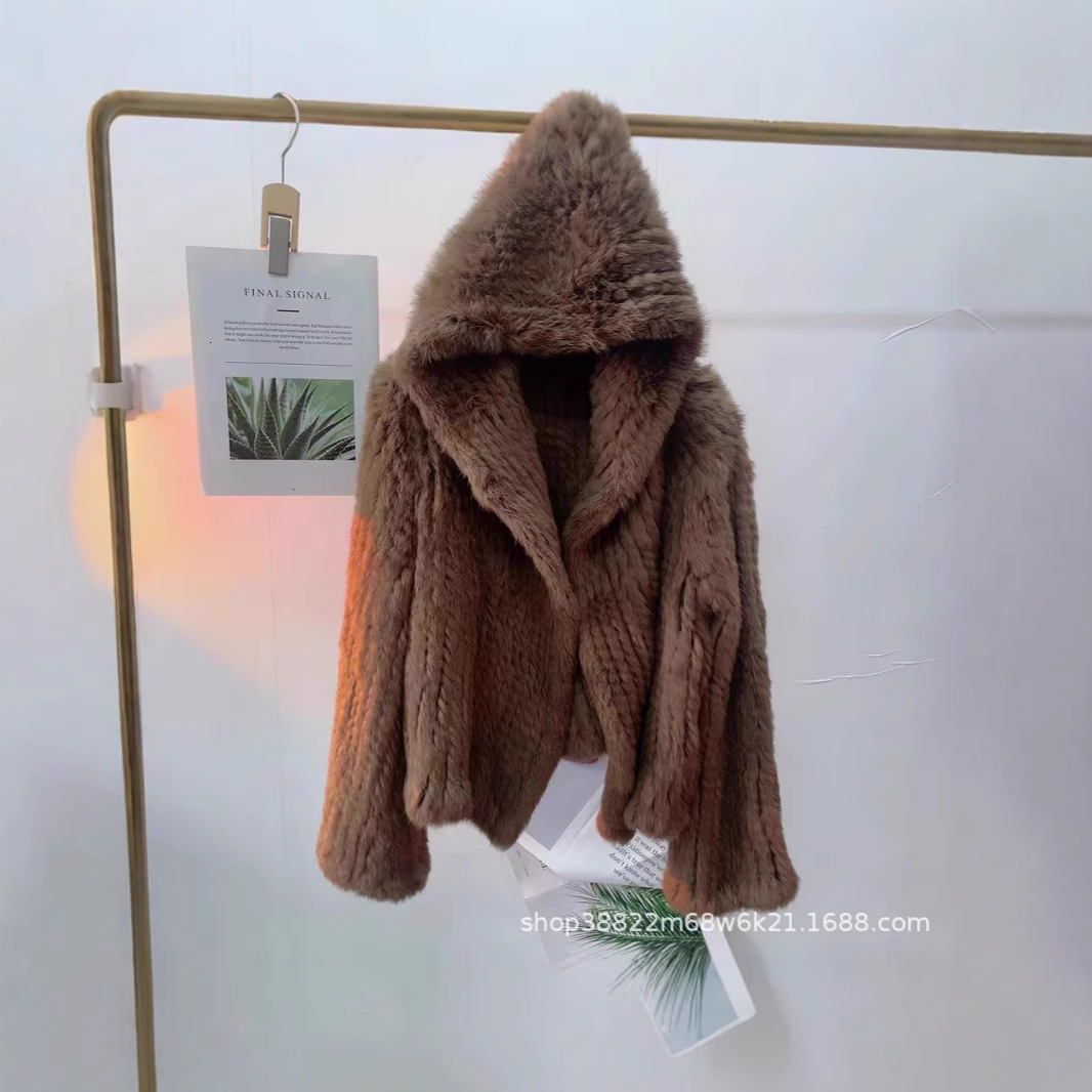 New style of celebrity, real rabbit coat, women's autumn and winter warm fur woven double-sided hooded fur, encrypted internet celebrity
