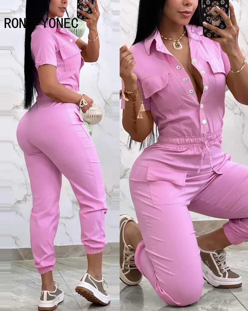 2024 Womens Solid Collar Elastic Waist Pull Rod Hidden Button Multi Pocket Short Slves Work Clothes X250318