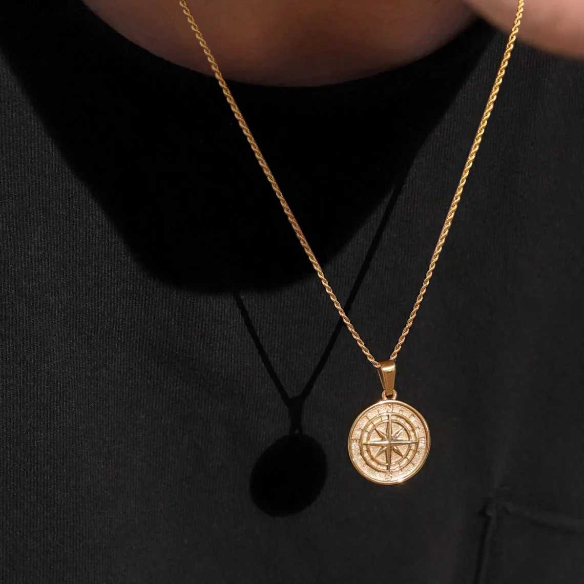 Golden mens compass necklace vintage Viking North Star anchor medal stainless steel pendant mens boyfriend dad gift W250318