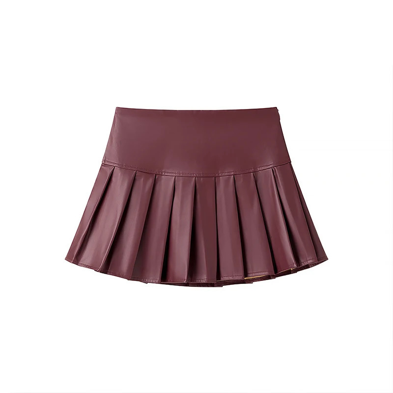 Willshela Women Fashion PU Wine Red Pleated Side Zipper Mini Skirt Vintage High Waist Female Chic Lady Skirts 250318