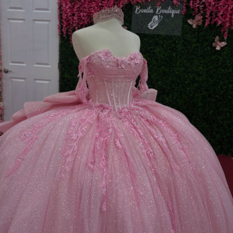 Pink Shiny Off Shoulder Quinceanera Dresses Applique Lace Bow Beads Tull Corset Party Birthday Sweet 16 Dress Vestidos 15 De anos