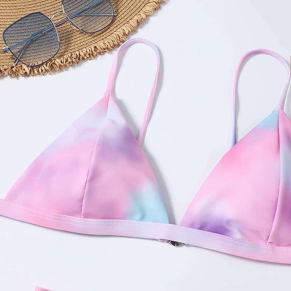 Women's slit tie dye printed high waisted bikini, mesh skirt, 3-piece swimsuit, cute