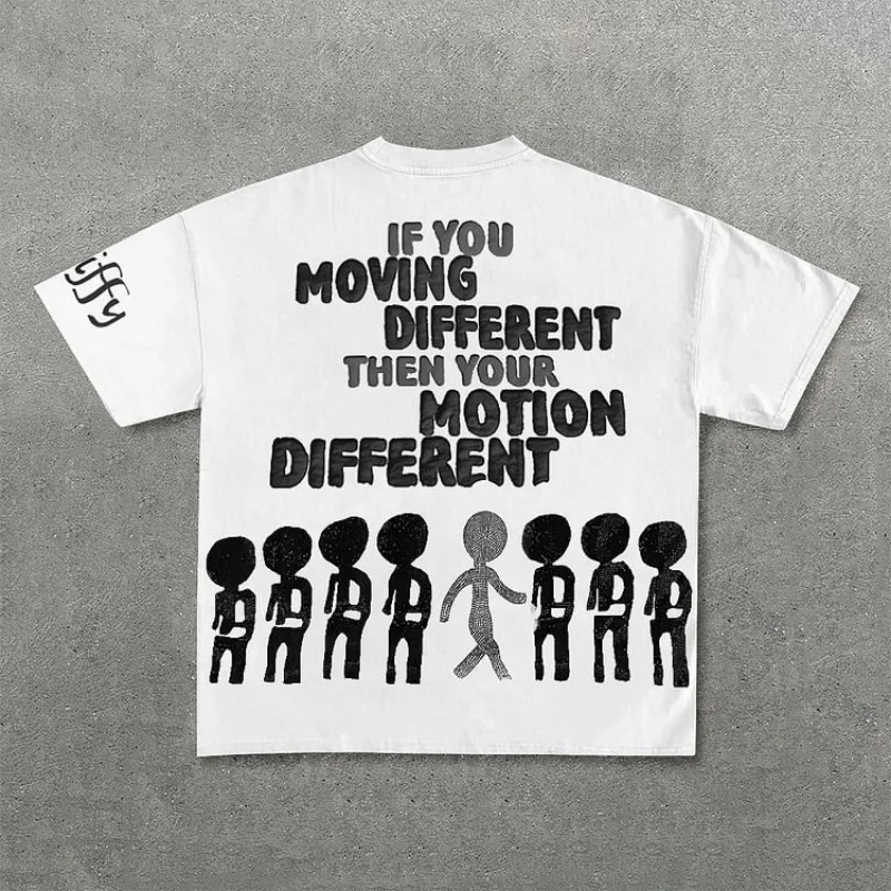 Vintage Motion Different Graphic 100% Cotton Short Sleeve T-Shirt Men Y2K Short Sleeves Oversize Tshirt Streetwear Women Tops 250318