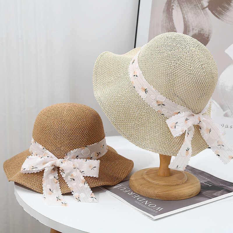 Wave edged large eave fisherman for women in summer, thin knit, breathable, fashionable, polka dot bow ribbon sun protection hat