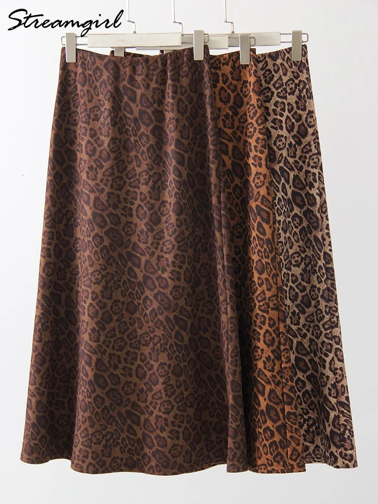 Winter Leopard Print Suede Skirt Long Women Autumn Vintage A Line Brown Maxi Skirts For Women Winter Warm Suede Leopard Skirts 250318