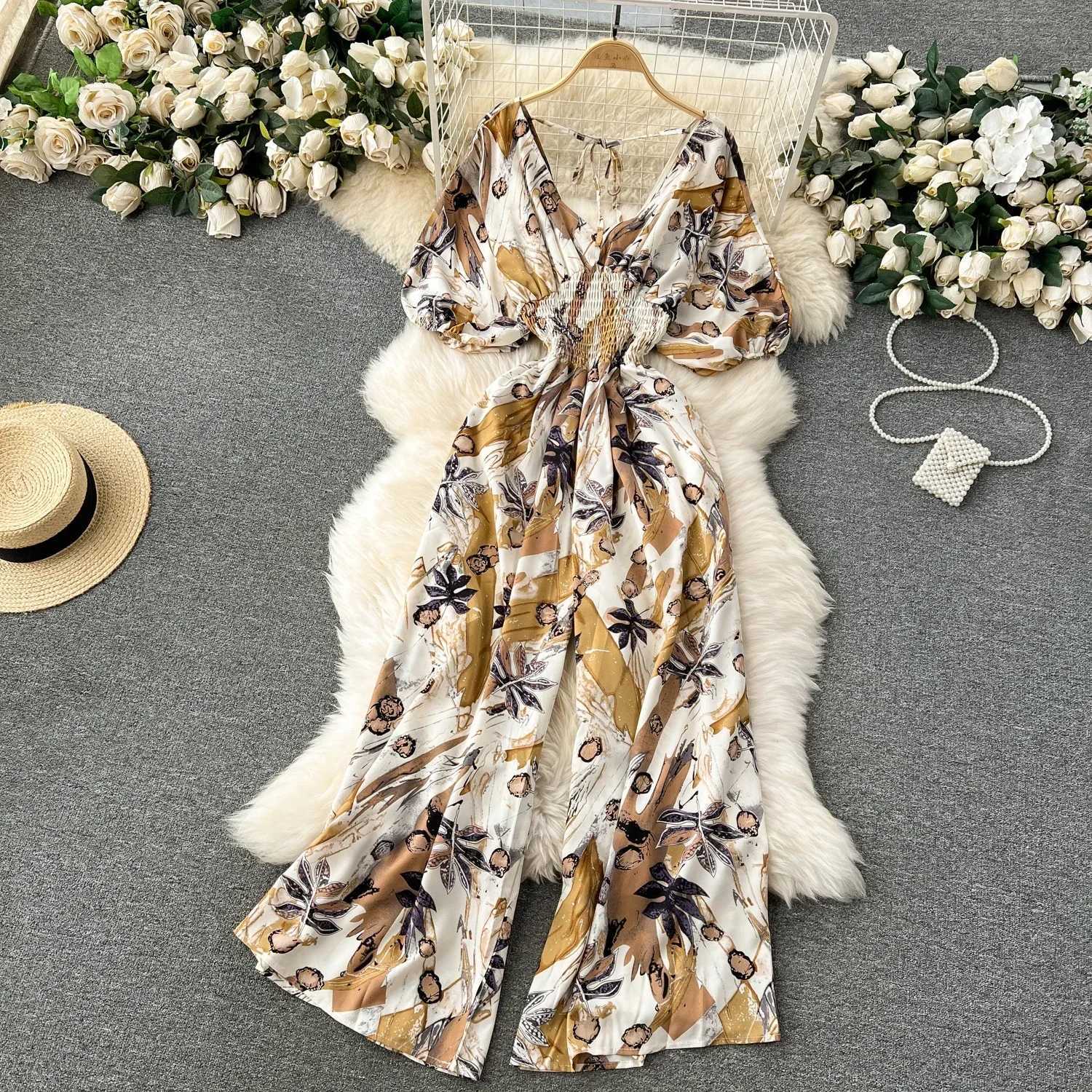 Summer Womens Sexy V-neck Puff Slve Printed Womens jumpsuit Black/Red/Blue/Yellow Wide Leg jumpsuit Resort Beach New Fashion X250318