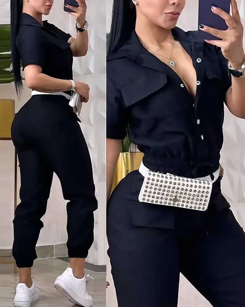 New womens workwear with short sleeves and Sly pocket design featuring a lapel elastic waist brushed cuffs and cargo jumpsuit X250318