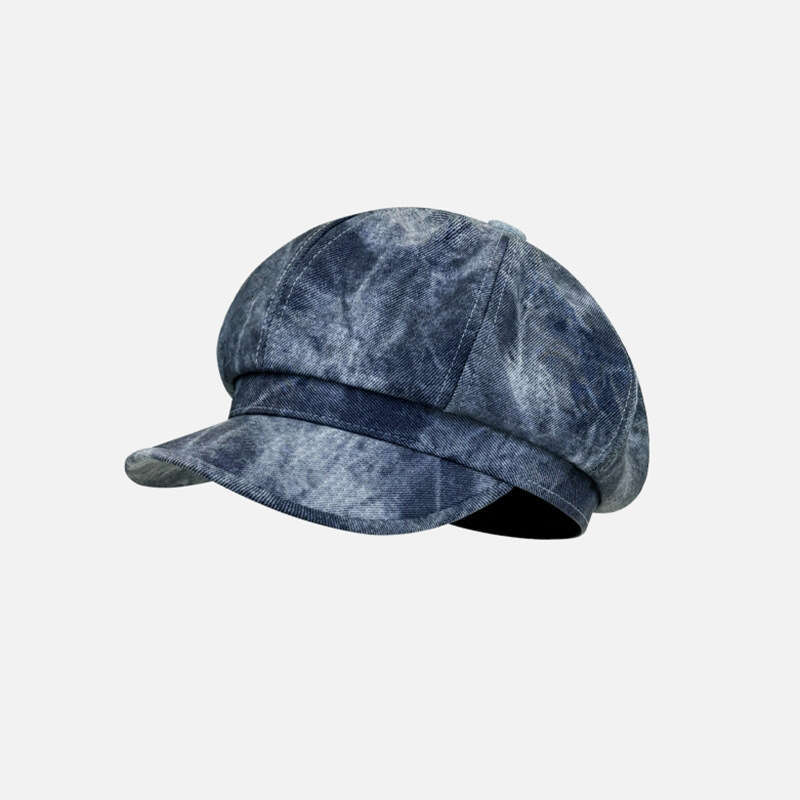 Blue tie dye octagonal for women with a prominent face, duckbill tongue, beret, big head circumference, children's hat, washed painter's hat