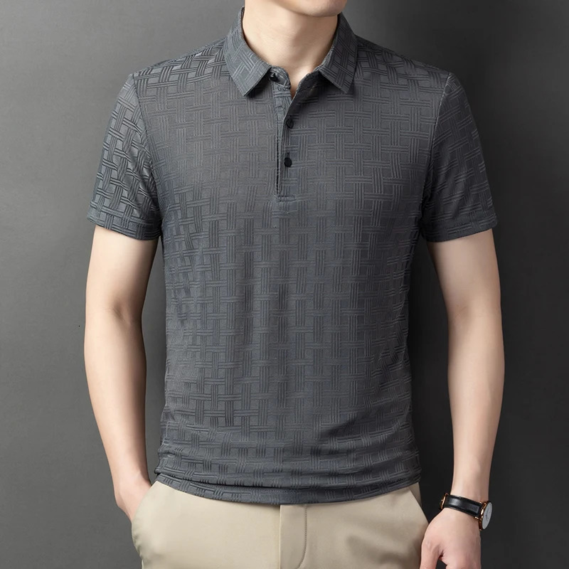 Mens Summer Ice Silk Texture Polo Shirt Casual Business Collar T-shirt Ironless Top Mens Clothing 250317