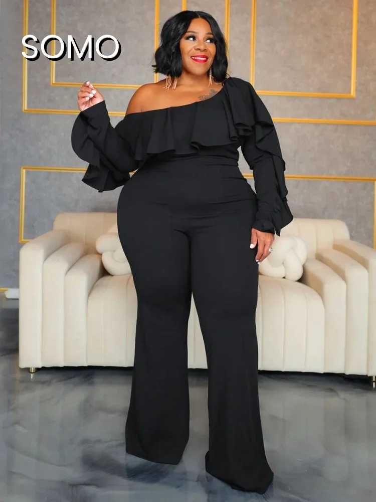 SOMO Plus size womens jumpsuit one-piece long Sleve 2024 solid color sexy loose oblique shoulder jumpsuit wide leg straight run X250318