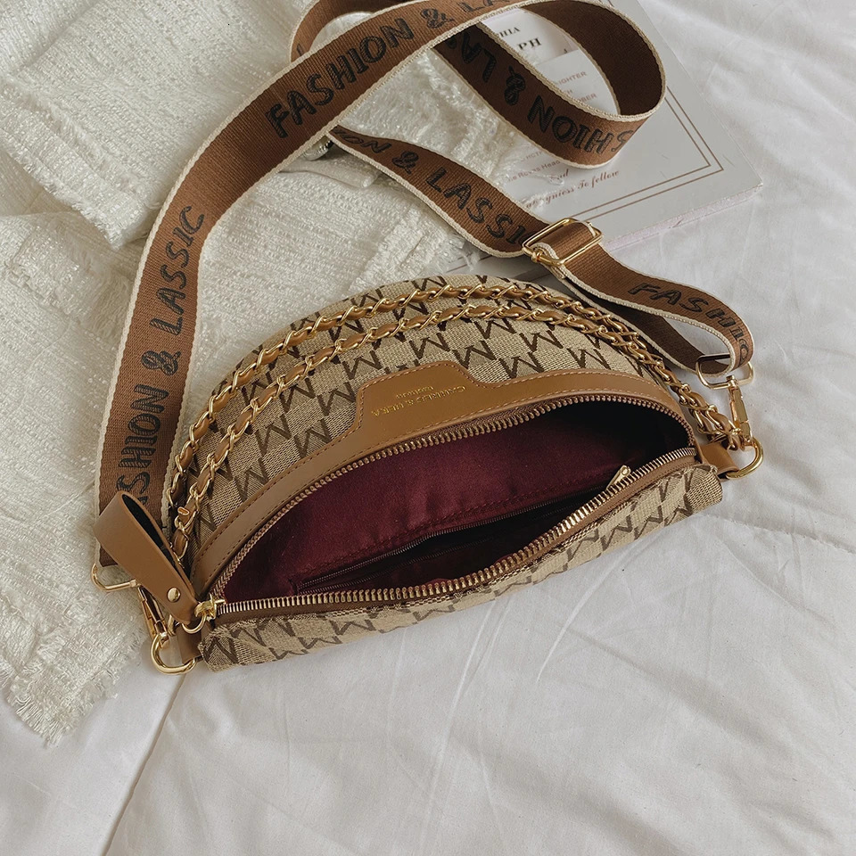 Fashion Letter Printed Fanny Packs for Women Chain Waist Pack Phone Purse Female Chest Bag Wide Shoulder Strap Crossbody Bag 250317