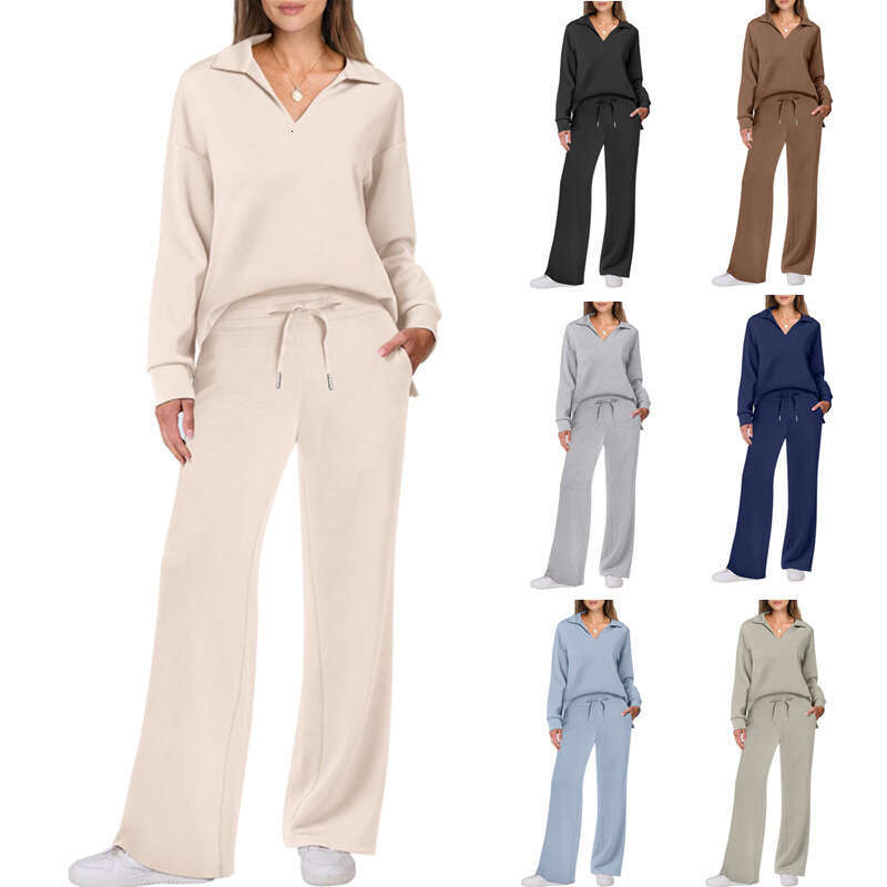 European and American Autumn/Winter Women's Long Sleeve Drawstring Solid Color Commuter Pants Set for Women 2025 New Casual Versatile Fashion Clo