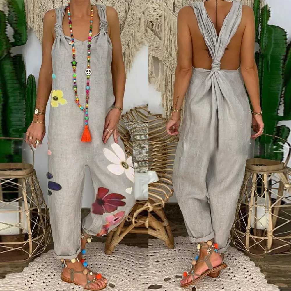 Summer womens strapless bib full back floral print loose jumpsuit fashionable casual womens clothing X250318