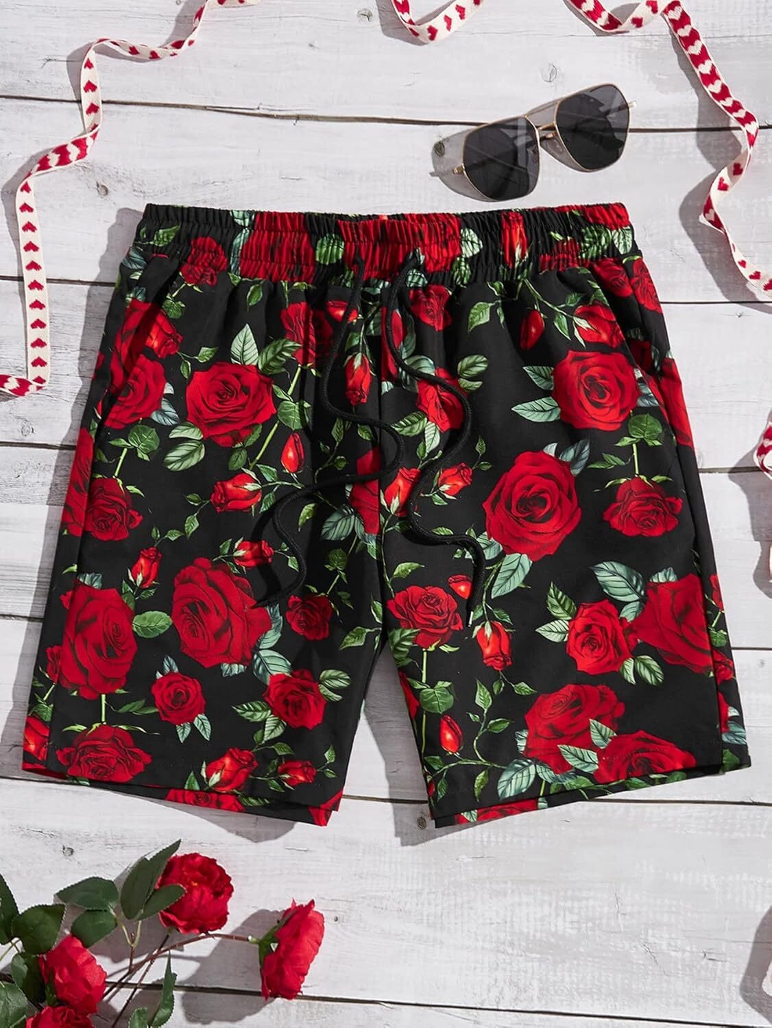 Men's Floral Print Shorts Drawstring Swimming Board Shorts Athletic Sport Shorts cool