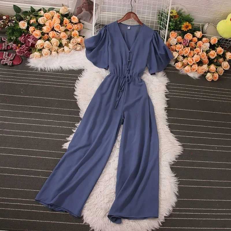 American Women Jumpsuits Fashion V Neck Lace up Loose Wide Legs Pants 2024 New Summer OL Solid Buttons Bodysuits X250318