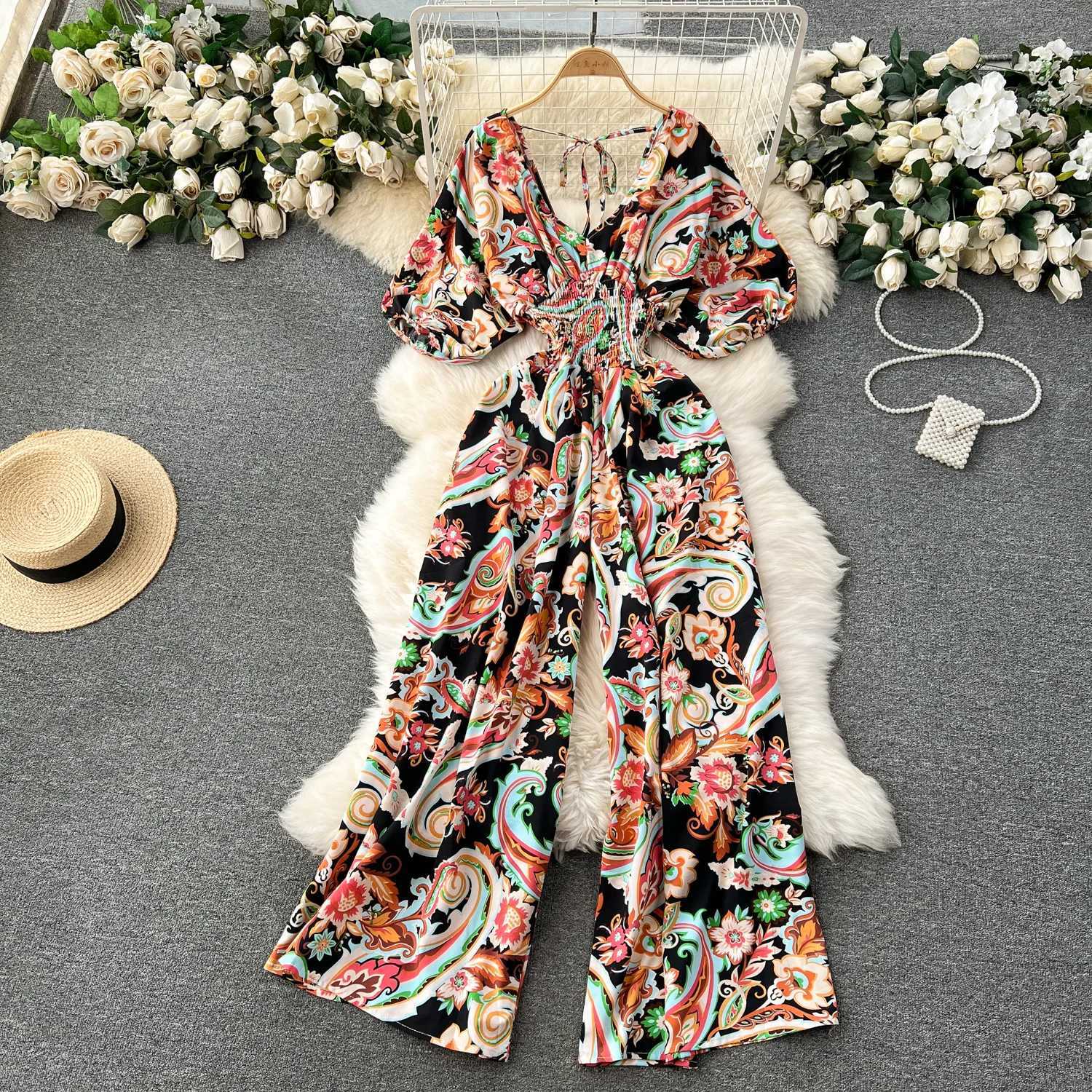 V-neck sexy Dolman Slves waist slim print jumpsuit womens wide leg Trouser jumpsuit X2503181