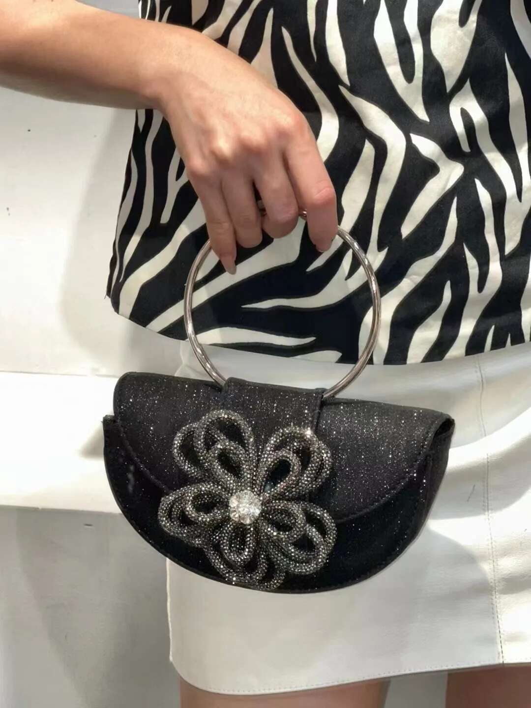 Metal Ring Handle Half Moon Glitter Shiny Evening Women's Handbag Wedding Party Clutch Purse Shoulder Crossbody Bag