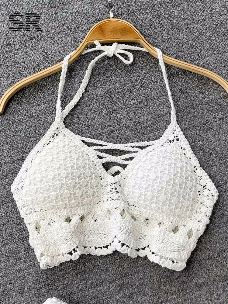 SINGREINY Knit Two Piece Sets Women Summer Vacation Backless Camisole Elastic Waist Shorts Hollow Out Y2K Beach Style Suits 250318