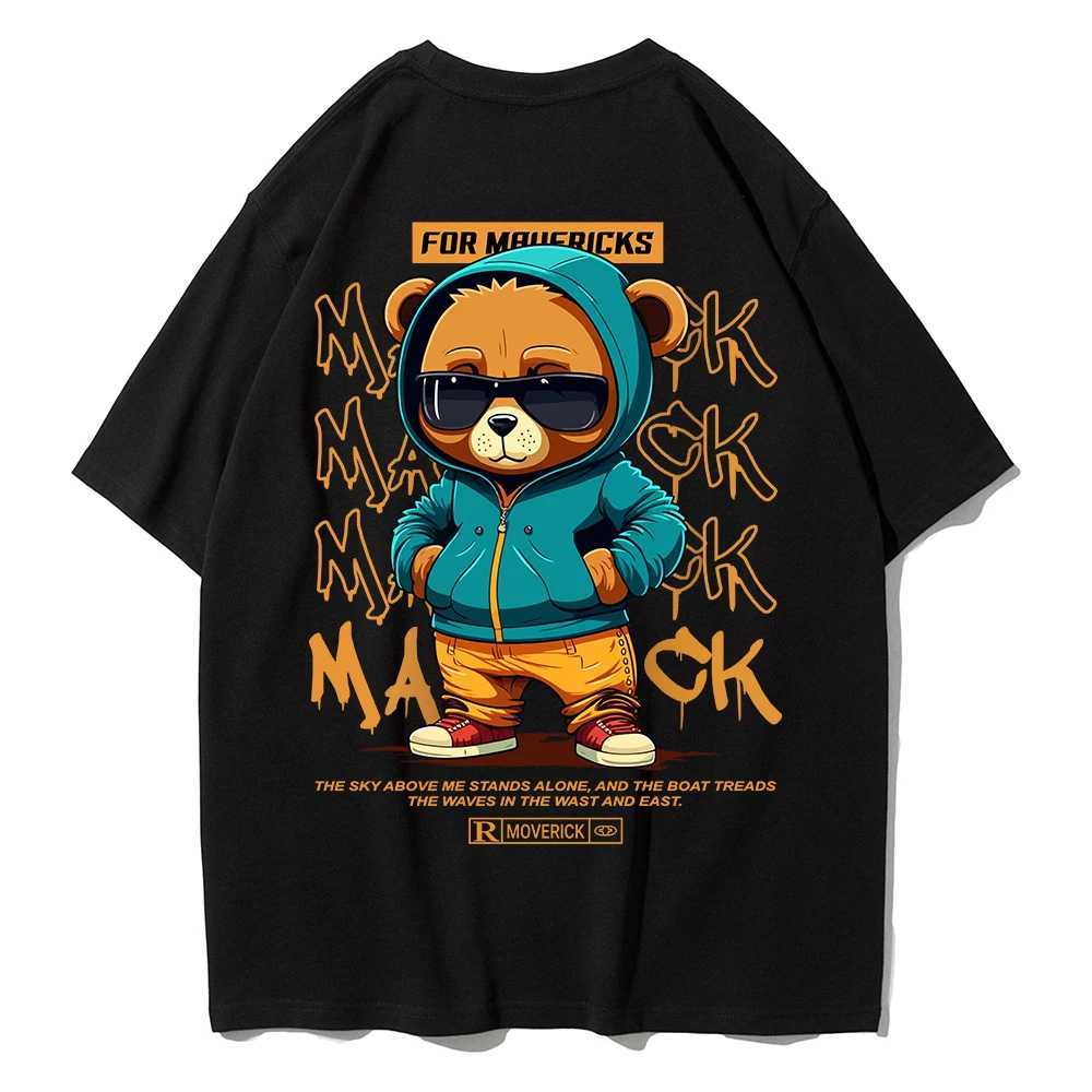 Cotton fashion bear pattern printed mens T-shirt round neck loose top breathable and comfortable casual oversized womens clothingXJ250318