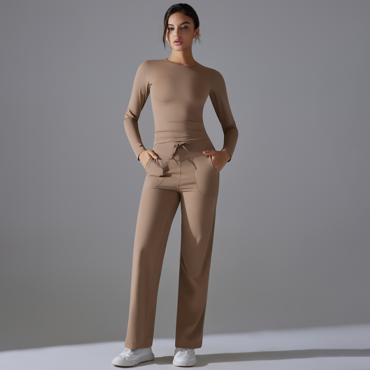 tracksuit Double sided nylon solid color long sleeved yoga suit set, high waist wide leg sports running fitness two-piece set leggings